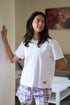 Women Summer Pajama set White T-shirt + Green X Purple Tartan Plaid Shorts